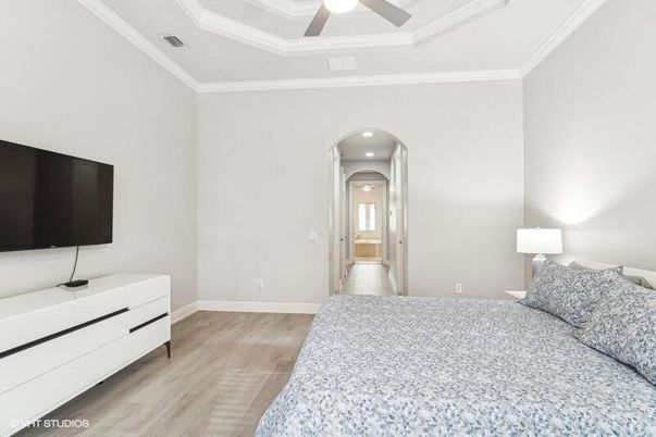 Bedroom, Interior, Recessed Lighting, Wood Texture Flooring