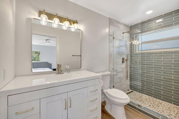 Bathroom, Glass Shower, Interior, Recessed Lighting, Wood Texture Flooring