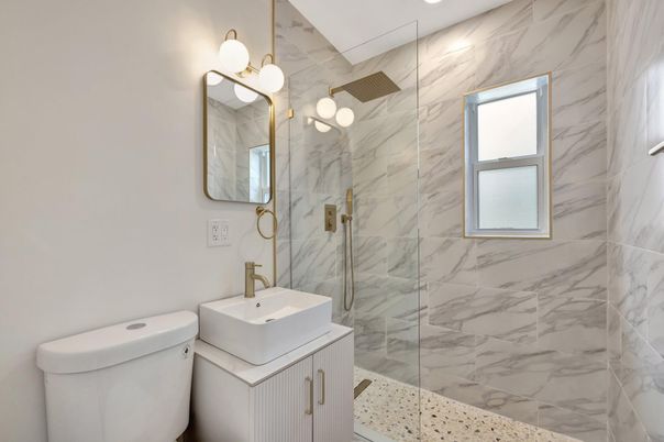 Bathroom, Glass Shower, Interior, Marble Walls, Recessed Lighting