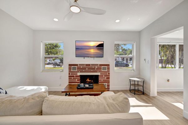 Fireplace, Interior, Living room, Recessed Lighting, Wood Texture Flooring