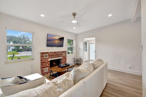 Fireplace, Interior, Living room, Recessed Lighting, Wood Texture Flooring