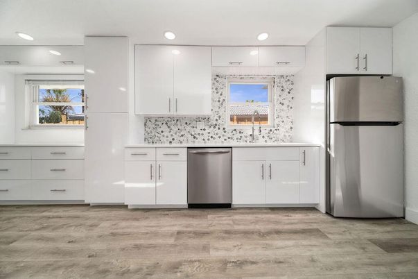 Interior, Kitchen, Recessed Lighting, Stainless Steel Appliances, Wood Texture Flooring