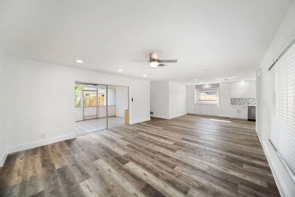 Empty room, Interior, Kitchen, Recessed Lighting, Wood Texture Flooring