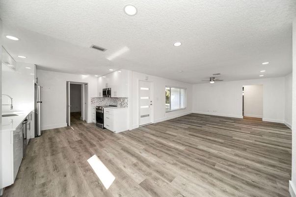 Empty room, Interior, Kitchen, Recessed Lighting, Wood Texture Flooring
