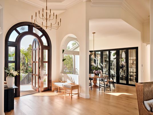 Chandelier, Dining room, Interior, Pendant Lights, Wood Texture Flooring