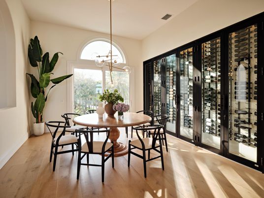 Dining room, Interior, Pendant Lights, Wine Storage, Wood Texture Flooring