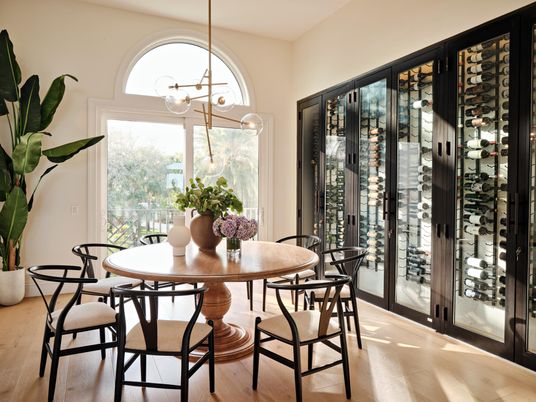 Dining room, Interior, Pendant Lights, Wine Storage, Wood Texture Flooring