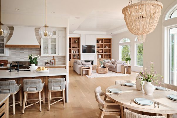 Chandelier, Dining room, Interior, Kitchen, Living room, Pendant Lights, Recessed Lighting, Wood Texture Flooring