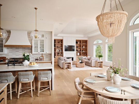 Chandelier, Dining room, Interior, Kitchen, Living room, Pendant Lights, Recessed Lighting, Wood Texture Flooring