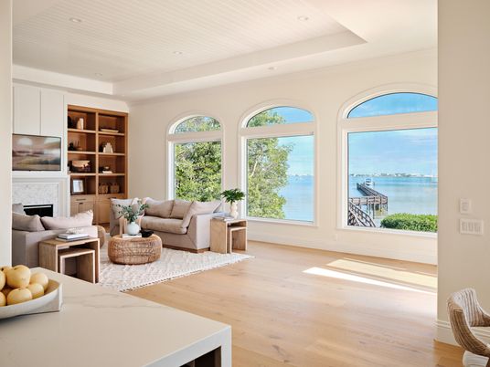 Fireplace, Interior, Living room, Recessed Lighting, Water, Wood Texture Flooring