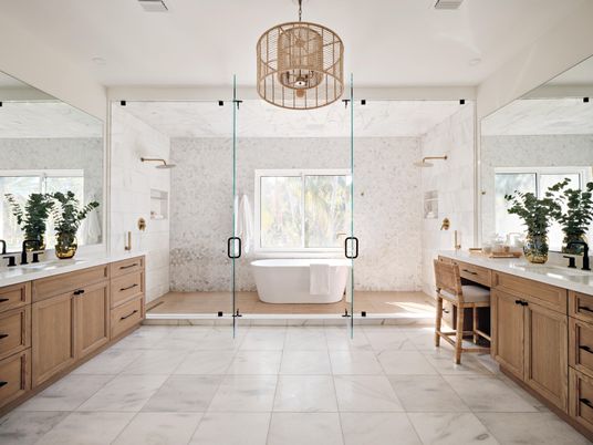 Bathroom, Chandelier, Dual Sink Vanities, Free Standing Baths, Glass Shower, Interior, Marble, Marble Walls
