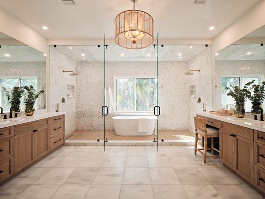 Bathroom, Chandelier, Dual Sink Vanities, Free Standing Baths, Glass Shower, Interior, Marble, Marble Walls, Recessed Lighting