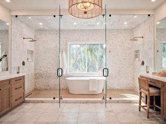 Bathroom, Free Standing Baths, Glass Shower, Interior, Marble, Marble Walls, Recessed Lighting