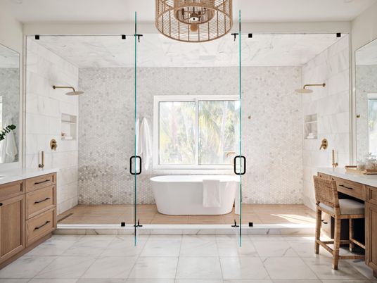 Bathroom, Free Standing Baths, Glass Shower, Interior, Marble, Marble Walls
