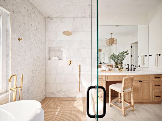 Bathroom, Free Standing Baths, Glass Shower, Interior, Marble Walls