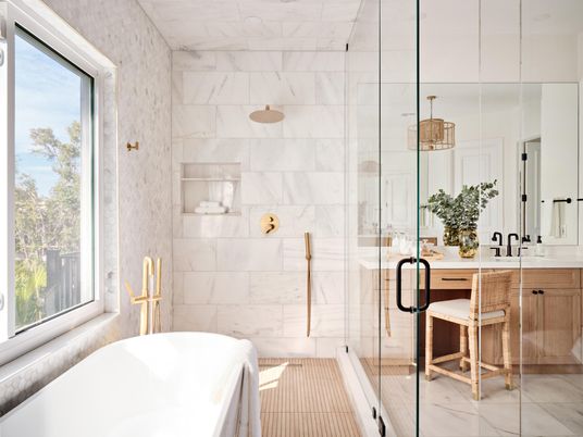 Bathroom, Free Standing Baths, Glass Shower, Interior, Marble, Marble Walls