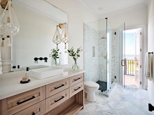 Bathroom, Dual Sink Vanities, Glass Shower, Interior, Marble, Pendant Lights