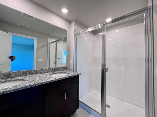 Bathroom, Dual Sink Vanities, Glass Shower, Interior, Recessed Lighting