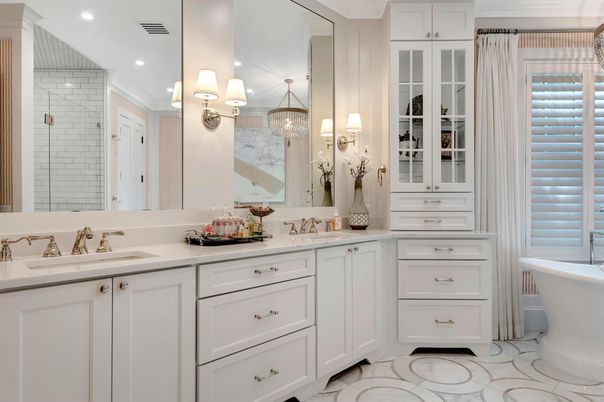 Bathroom, Chandelier, Dual Sink Vanities, Free Standing Baths, Interior, Recessed Lighting