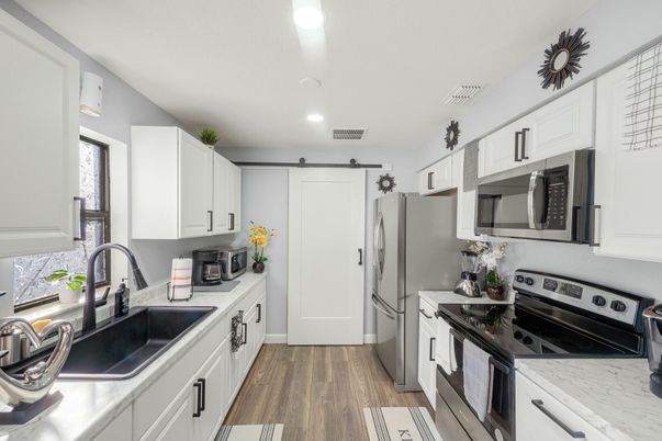 Interior, Kitchen, Recessed Lighting, Wood Texture Flooring