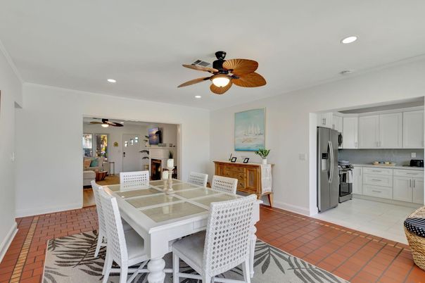 Dining room, Fireplace, Interior, Kitchen, Recessed Lighting, Stainless Steel Appliances