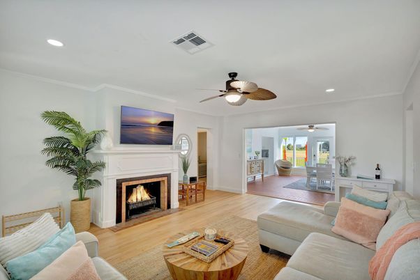 Dining room, Fireplace, Interior, Living room, Recessed Lighting, Wood Texture Flooring