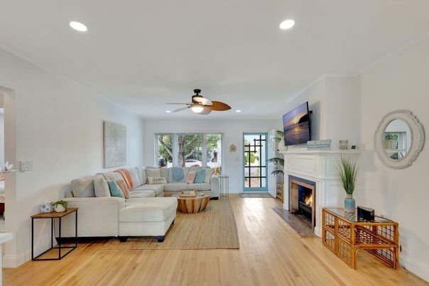 Fireplace, Interior, Living room, Recessed Lighting, Wood Texture Flooring