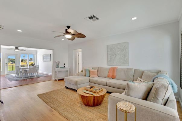 Dining room, Interior, Living room, Recessed Lighting, Wood Texture Flooring