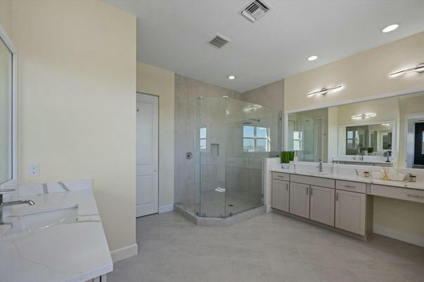 Bathroom, Dual Sink Vanities, Glass Shower, Interior, Recessed Lighting