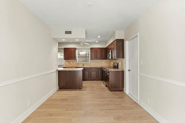 Interior, Kitchen, Recessed Lighting, Wood Texture Flooring