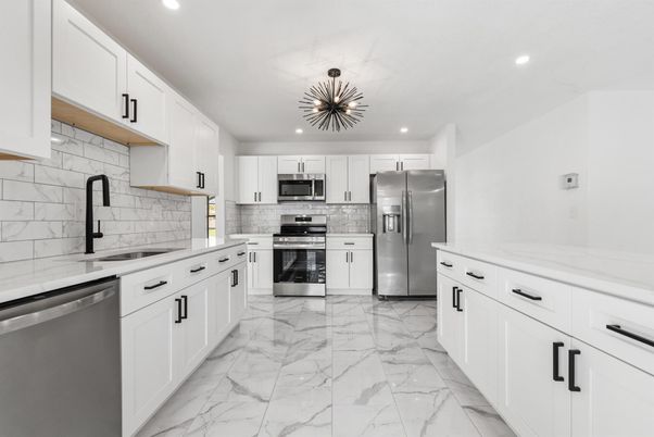 Interior, Kitchen, Marble, Recessed Lighting, Stainless Steel Appliances