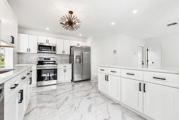Interior, Kitchen, Marble, Recessed Lighting, Stainless Steel Appliances