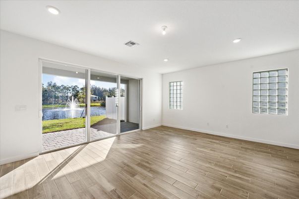 Empty room, Interior, Recessed Lighting, Water, Wood Texture Flooring