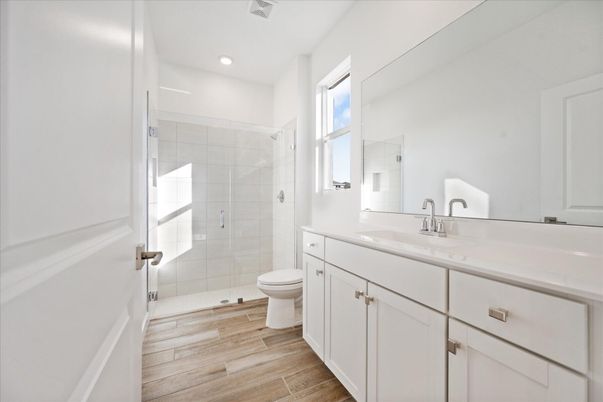 Bathroom, Glass Shower, Interior, Recessed Lighting, Wood Texture Flooring