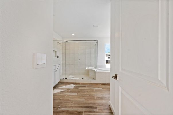 Bathroom, Glass Shower, Interior, Recessed Lighting, Wood Texture Flooring