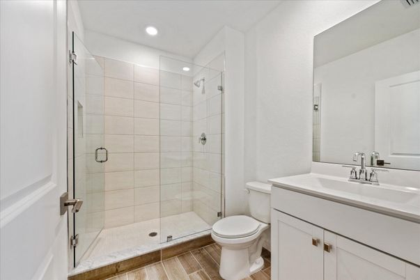 Bathroom, Glass Shower, Interior, Recessed Lighting, Wood Texture Flooring