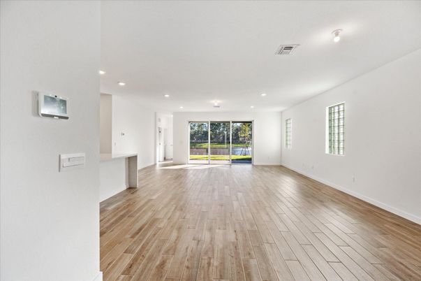 Empty room, Interior, Recessed Lighting, Wood Texture Flooring