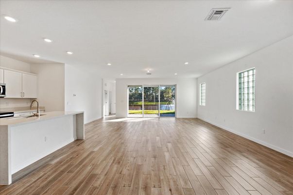 Empty room, Interior, Kitchen, Recessed Lighting, Wood Texture Flooring