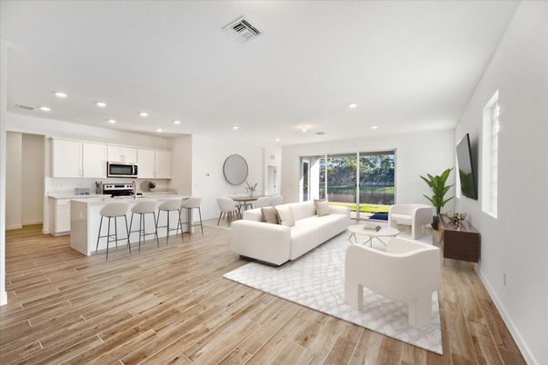Dining room, Interior, Kitchen, Living room, Recessed Lighting, Stainless Steel Appliances, Wood Texture Flooring