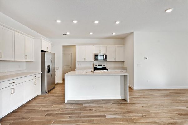 Interior, Kitchen, Recessed Lighting, Stainless Steel Appliances, Wood Texture Flooring