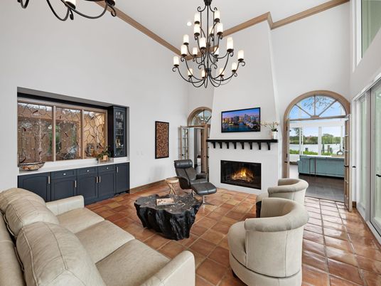 Chandelier, Fireplace, Interior, Living room