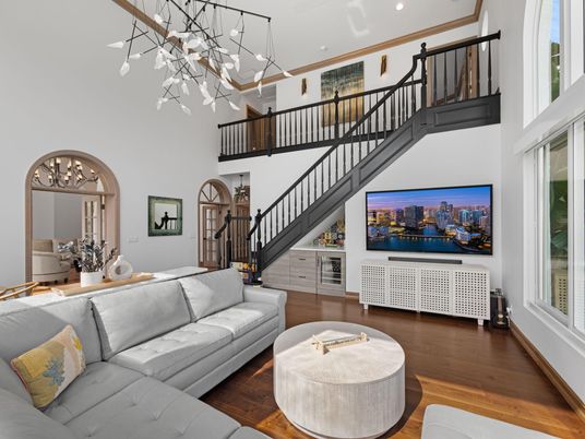 Interior, Living room, Pendant Lights, Recessed Lighting, Wood Texture Flooring