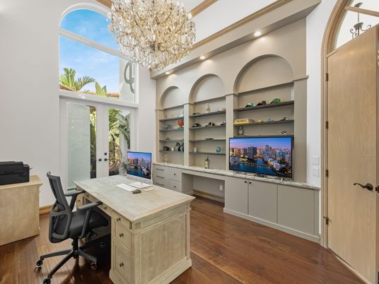 Chandelier, Home Office, Interior, Recessed Lighting, Wood Texture Flooring