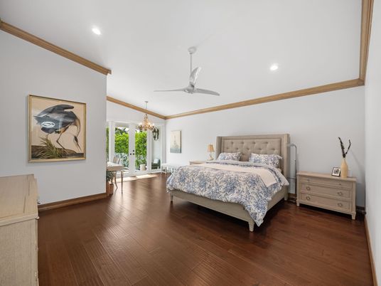 Bedroom, Chandelier, Interior, Recessed Lighting, Wood Texture Flooring