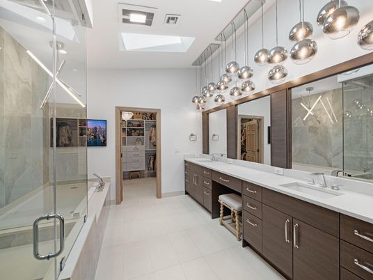 Bathroom, Dual Sink Vanities, Glass Shower, Interior, Pendant Lights