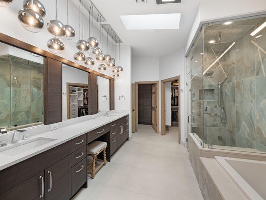 Bathroom, Dual Sink Vanities, Glass Shower, Interior, Pendant Lights