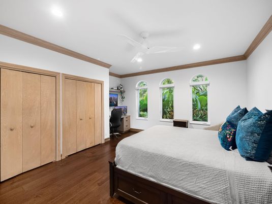 Bedroom, Interior, Recessed Lighting, Wood Texture Flooring