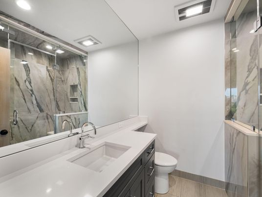 Bathroom, Glass Shower, Interior, Marble Walls, Recessed Lighting