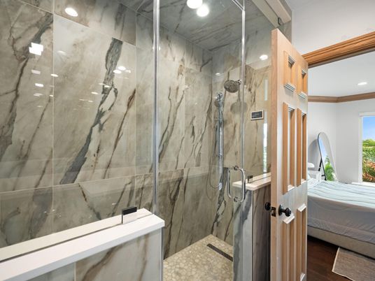 Bathroom, Glass Shower, Interior, Marble Walls, Recessed Lighting, Wood Texture Flooring