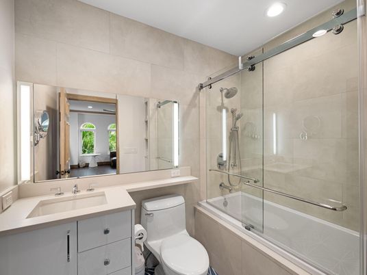 Bathroom, Glass Shower, Interior, Recessed Lighting